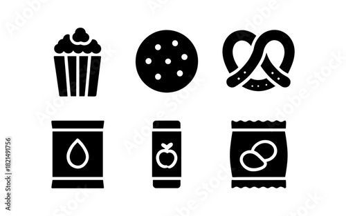 Bold snack icons: popcorn, cookies, pretzel, juice, chips, crackers
