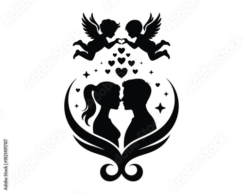 Silhouette of couple in love with angels and hearts for valentine s day