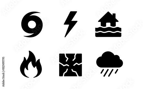 Natural disaster icons set: storm, flood, fire, earthquake, lightning, rain