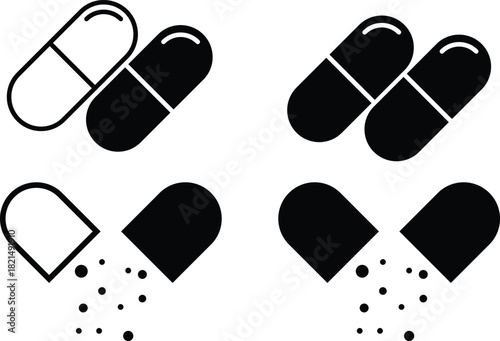 pills icon set. Healthcare and medicine signs. Medicine dosage symbols wellness symbols.  pharmaceutical symbols
