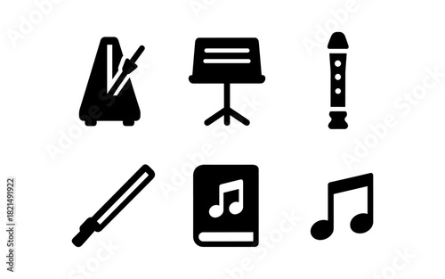 Silhouette musical instrument icons: metronome, music stand, recorder, baton, music book, note