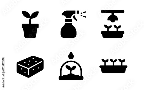 Silhouette icons of gardening tools and plant growth concepts