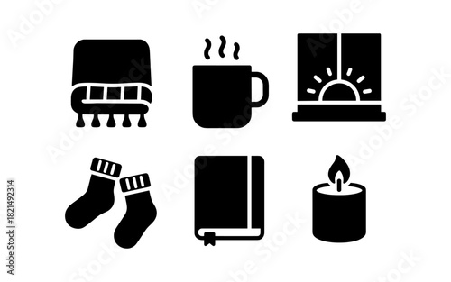 Cozy essentials silhouette icons: blanket, coffee, window, socks, book, candle