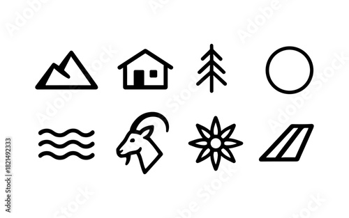 Minimalist nature and outdoor icons: mountain, house, tree, sun, and more in simple black and white design