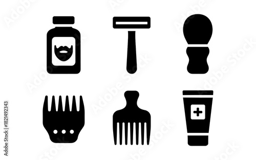 Barber icon set featuring grooming tools in minimalist silhouette style