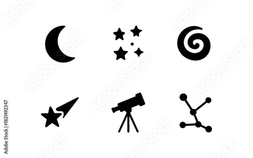 Celestial symbols: moon, stars, galaxy icons for astronomy enthusiasts