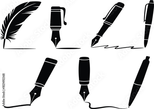 Set of Six Writing Pen Silhouettes, Classic Quill and Modern Fountain Pens, Signature Education Stationery Office Vector Graphic Collection