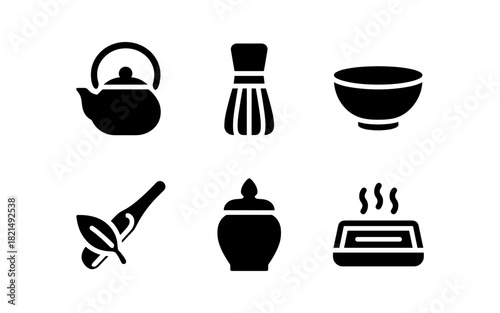 Minimalist tea ceremony icons set: teapot, matcha whisk, bowl, traditional elements