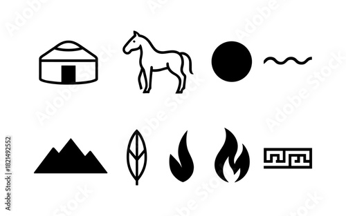Black and white minimalist icons featuring yurt, horse, nature elements