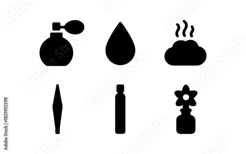 Set of black silhouettes: perfume, water drop, steam, spike, container, flower