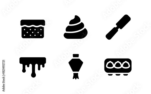 Dark icons of baking essentials: cake, frosting, spatula, drizzle, piping bag, macarons