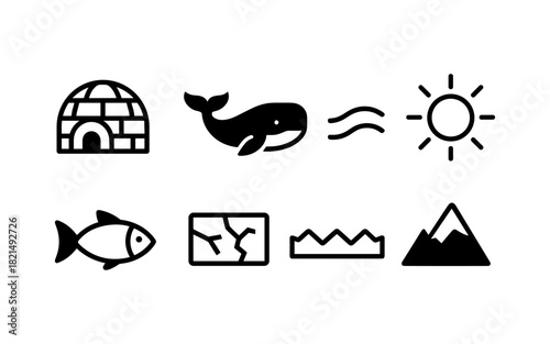 Minimalist icons of nature and climate: arctic life, marine animals, and weather