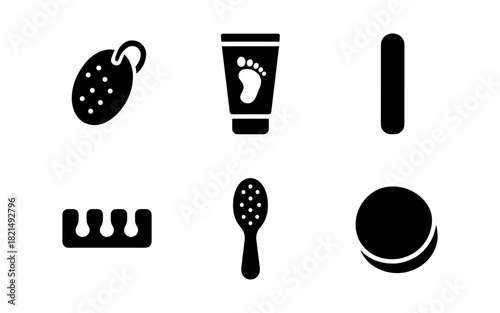 Set of minimalist personal care icons: foot care, brush, cream, pumice, file, separator