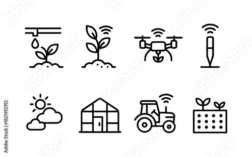 Smart farming icons: agriculture with drones, greenhouses, and sensors in linear style