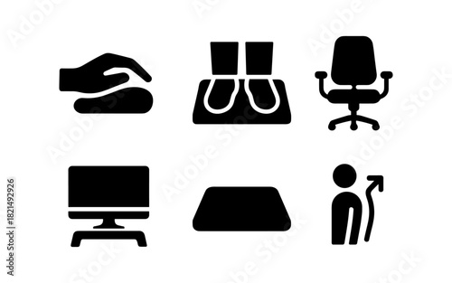 Office ergonomics silhouettes of chair, desk setup, and footrest essentials