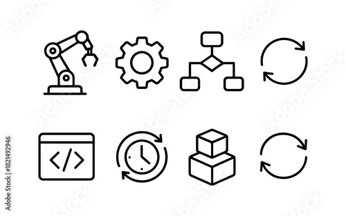 Black outline icons for workflow automation and technology concepts