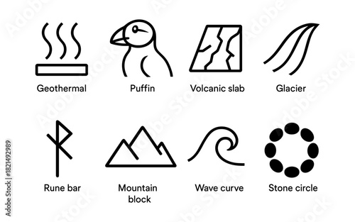 Minimalistic icons representing natural phenomena and geological features