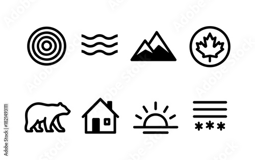 Minimalist canadian nature icons: mountains, bear, and maple leaf design