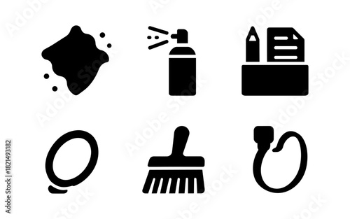 Cleaning icons: spray, brush, dust, mop, wipe, and vacuum symbols in black silhouette