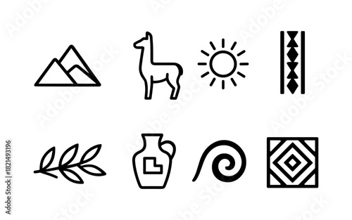 Simple linear icons of peruvian culture with llama, sun, and patterns