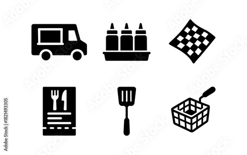Food truck icon set: silhouette images of mobile eateries and utensils