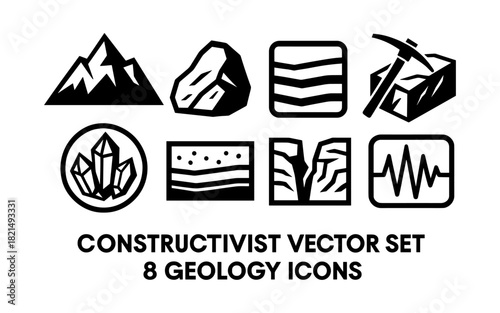 Bold geology icon set featuring crystals, mountains, and seismic waves in a constructivist style