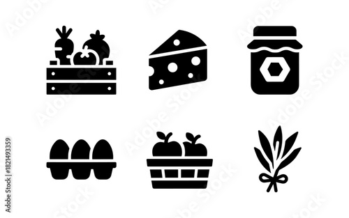 Minimal black icons of food: cheese, vegetables, eggs, jam jar, herbs