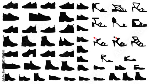 Shoe Silhouette Collection, Footwear Icons, Boots, Heels, Sandals Vector Set