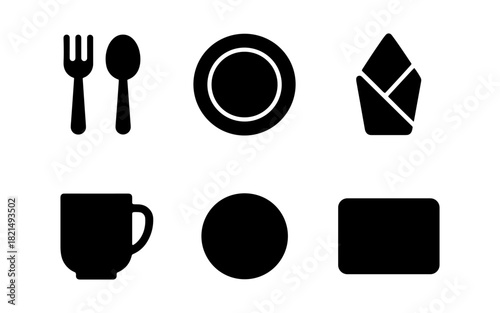 Minimalist dining icons: utensils, plates, napkins, cups, and coasters in silhouette style