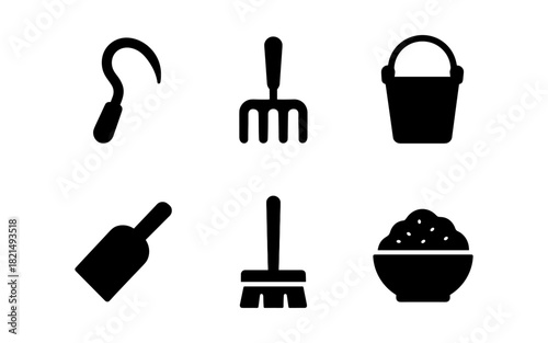 Garden tools silhouette set: sickle, rake, bucket, scoop, broom, bowl icons