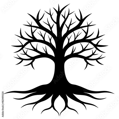 Stylized bare tree silhouette with extensive root system and detailed branching pattern