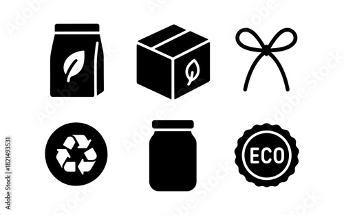 Eco-friendly icons: packaged goods, recycling, and sustainable practices