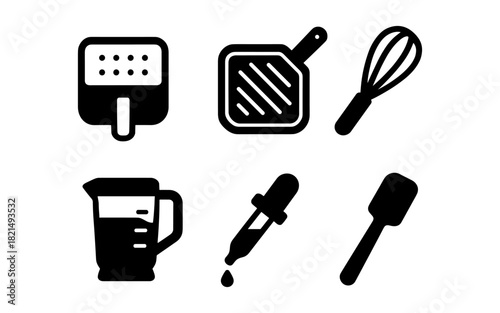 Kitchen tool icons set: air fryer, grill pan, whisk, measuring cup, dropper, spatula