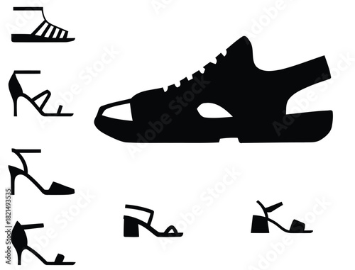 Set of vector silhouettes of women's sandal icons