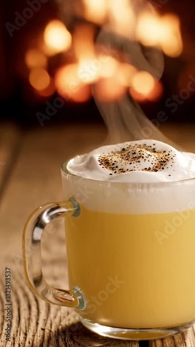 Relaxing by the fire with a comforting steaming hot beverage featuring creamy foam and spice sprinkles presented in a clear mug on a natural wooden backdrop