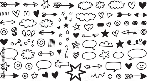 Collection of hand drawn doodle elements like arrows, hearts, stars, clouds, and speech bubbles isolated on