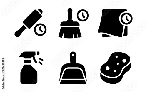 Cooking and cleaning icons set: rolling pin, brush, cloth, spray, dustpan, sponge