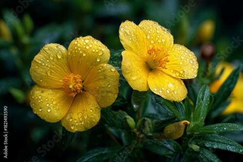 Bright Yellow Flowers With Droplets in a Lush Green Garden After Rain