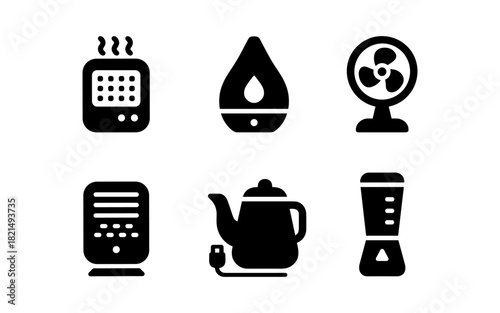 Home appliance icons: humidifier, kettle, fan, heater, blender in black silhouette style