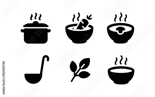 Set of cooking icons featuring soup, pot, ladle, and ingredients in silhouette style