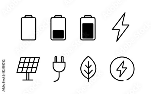 Eco-friendly energy icons: battery, solar, and leaf symbols in modern style