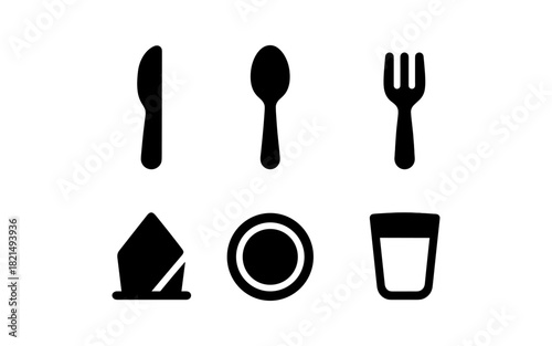 Simple silhouette icons of tableware with knife, spoon, fork, napkin, plate, and glass