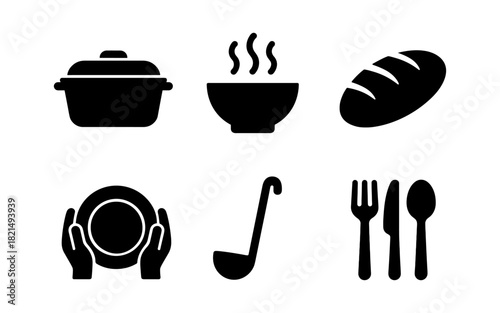 Simple culinary icons: cooking pot, bowl, bread, dish, ladle, cutlery silhouettes