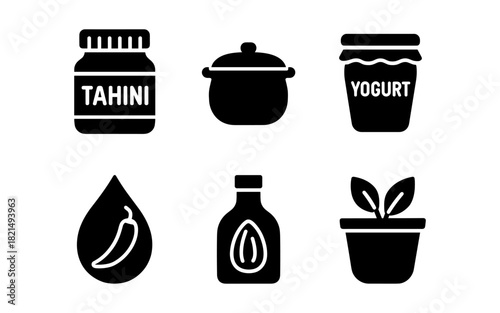 Silhouette icons of tahini, casserole, yogurt, pepper, sauce, plant pot on white