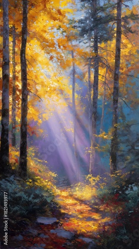 Sunlight Filters Through Autumn Trees in a Peaceful Forest Setting