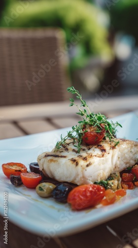 Grilled Fish With Cherry Tomatoes and Herbs Served on a White Plate Outdoors