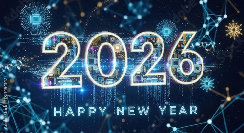 Happy New Year 2026 ai digital cyber holiday technology sci fi circuit design innovation. 3D 2026 number holiday greeting card