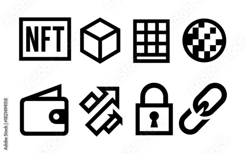 Blockchain and cryptocurrency icons set featuring nft, wallet, and lock symbols