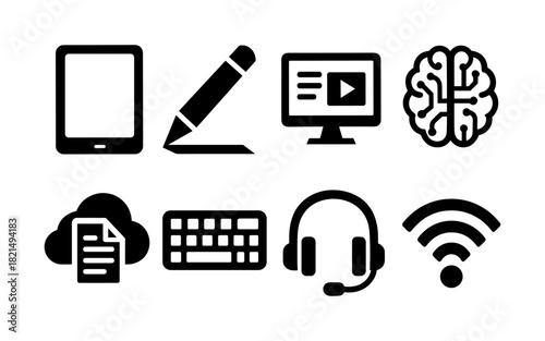 Silhouette icons: tablet, pencil, computer, brain, cloud, keyboard, headset, wifi