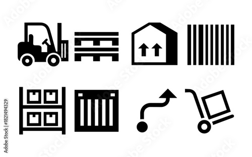Logistics icons: forklift, warehouse, pallets, and packages in bold silhouette style